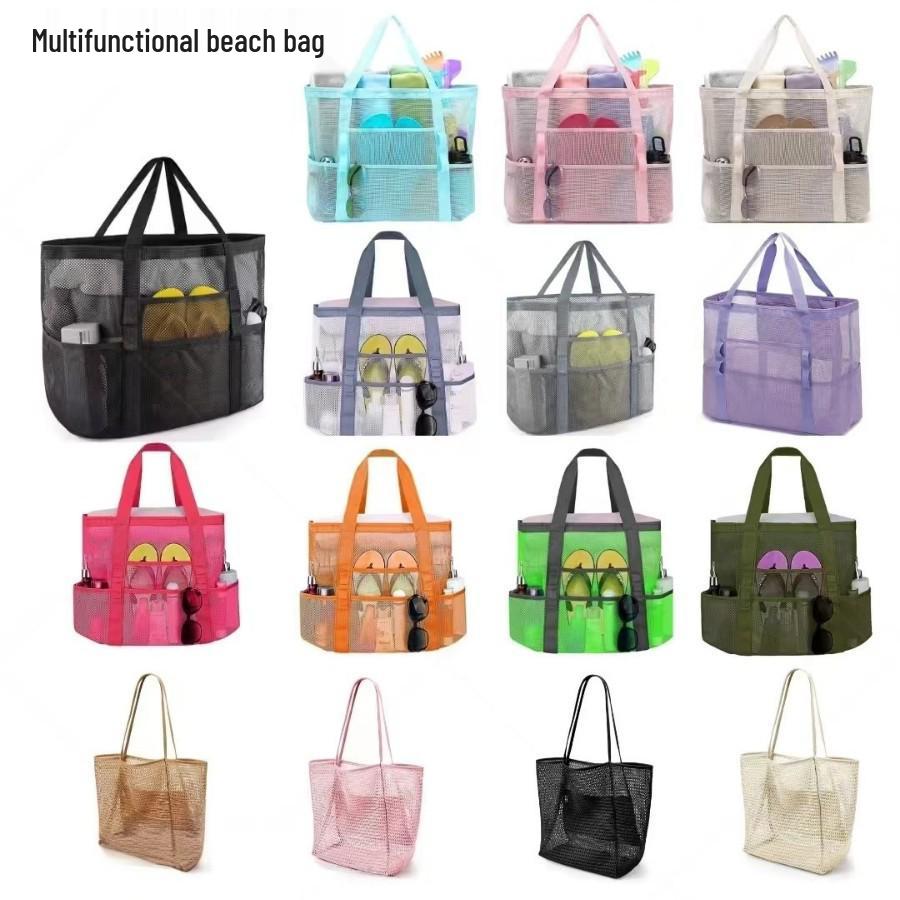Borsa da Spiaggia in Rete Multicolore con Tasche Multiple - Ideale per Costumi da Bagno e Essenziali da Viaggio