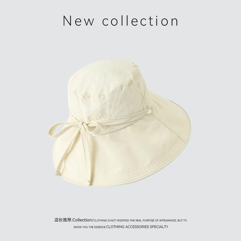 

1pc Women Sunscreen Fisherman Hat with Lace-up Bowknot,Large Brim Summer Anti-UV Strap Bucket Caps Travel Beach Basin Caps One Size бежевый