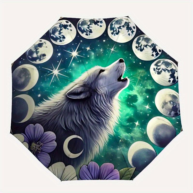 

1pc Moon Wolf Compact Travel Umbrella, Automatic Folding Lightweight Windproof 8-Bone Reinforced Design, Portable for Backpack Durable Canop