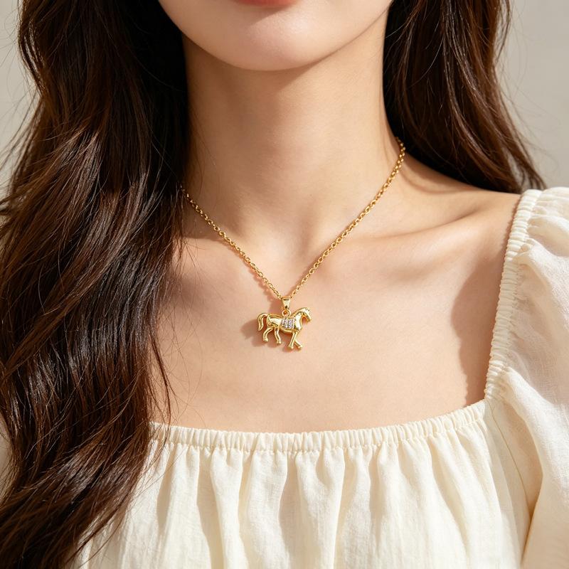 Hip Hop Zircon Horse Pendant Necklace for Women Men Stainless Steel Chain Jewelry Accessory Gifts