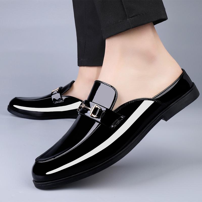 Fashion Men Luxury Designer patent Leather Mules Male Summer Fashion Casual Breathable Comfy Sandals Open Back Low-heel Slippers