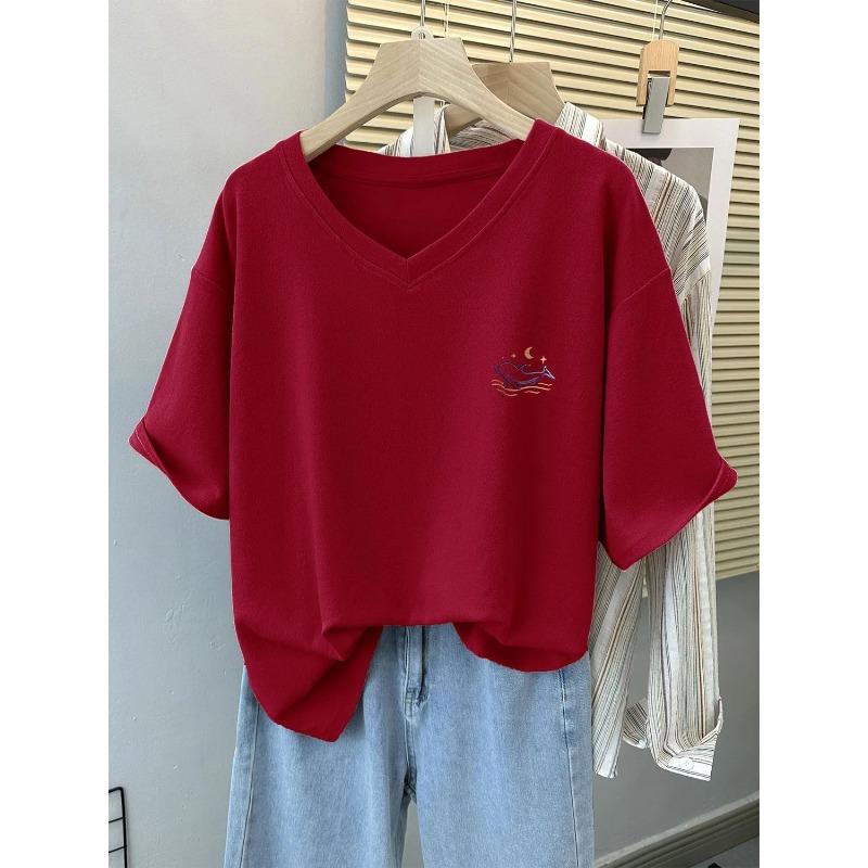 V Neck Whale Embroidery Cropped T-Shirt Loose Fit Casual Short Sleeve Top