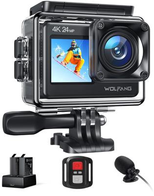 WOLFANG GA200 Action Camera with 4K 24MP Waterproof 40M EIS Image WiFi Adjustable Vlogging Camera Two and Accessory Mic, Dual-Screen Camera,