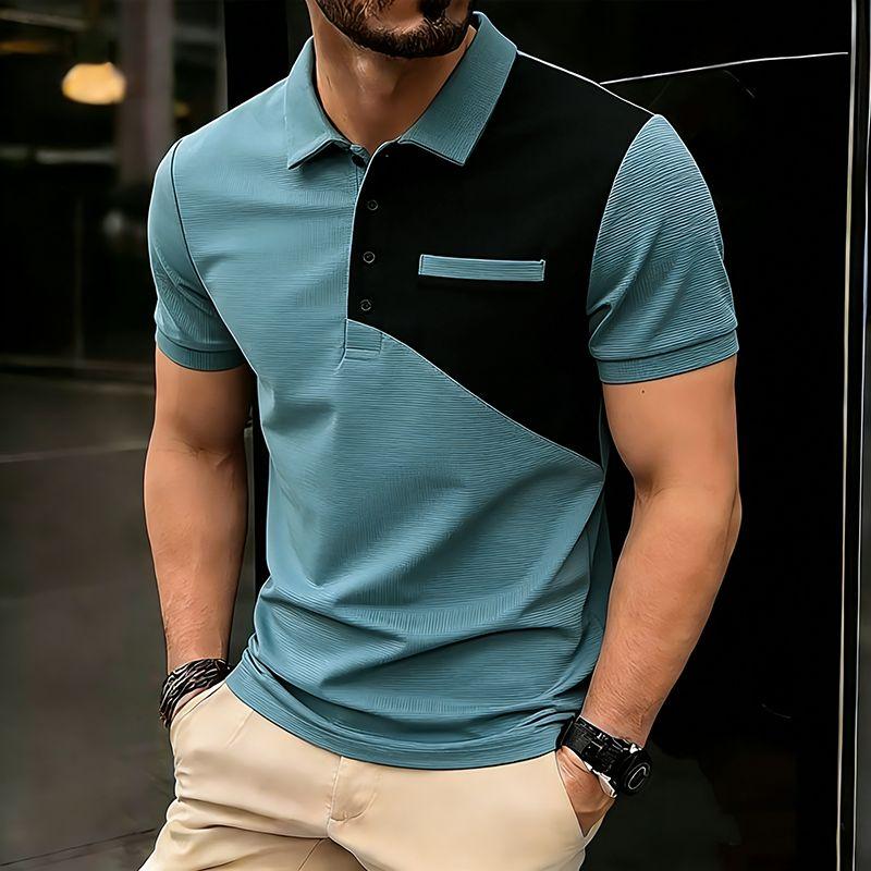 New Men's  Short Sleeve Polo Shirt Color Block Streetwear Lapel Tshirts for Men Summer Jogging Sport Tops Loose Basic Splice Top