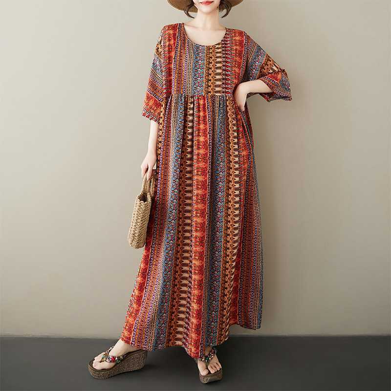 Printed Round Neck Shoulder with Sleeves, Large Swing Striped Dress for Women