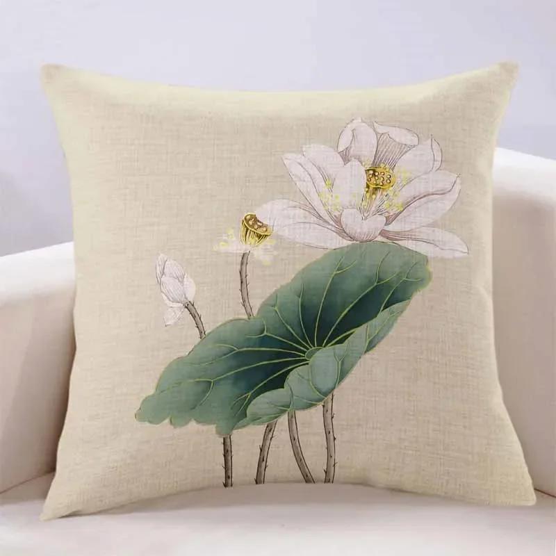 New Lotus Cushion Cover Printed Linen Pillow Cover Chinese Style Home Pillow Cushion Cover Sofa Living Room Beige