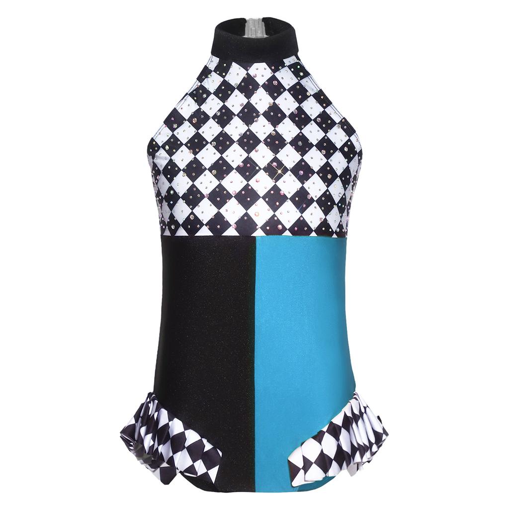 Girls Clown Costume Sparkly Rhinestones Jumpsuit Halter Sleeveless Plaid Pattern Ruffled Trim Bodysuit