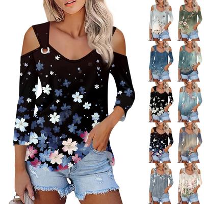 Women's Casual Shirt Blouse Print V-neck Sexy Cold Shoulder 3/4 Sleeve Top