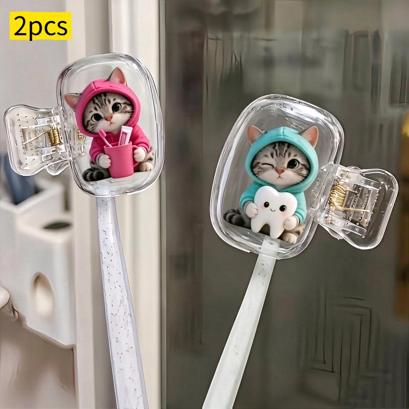 2Pcs Dust-Proof Waterproof Cat Toothbrush Cover Kitten Dog Printed Transparent Toothbrush Holder Portable Toothbrush Head Cover