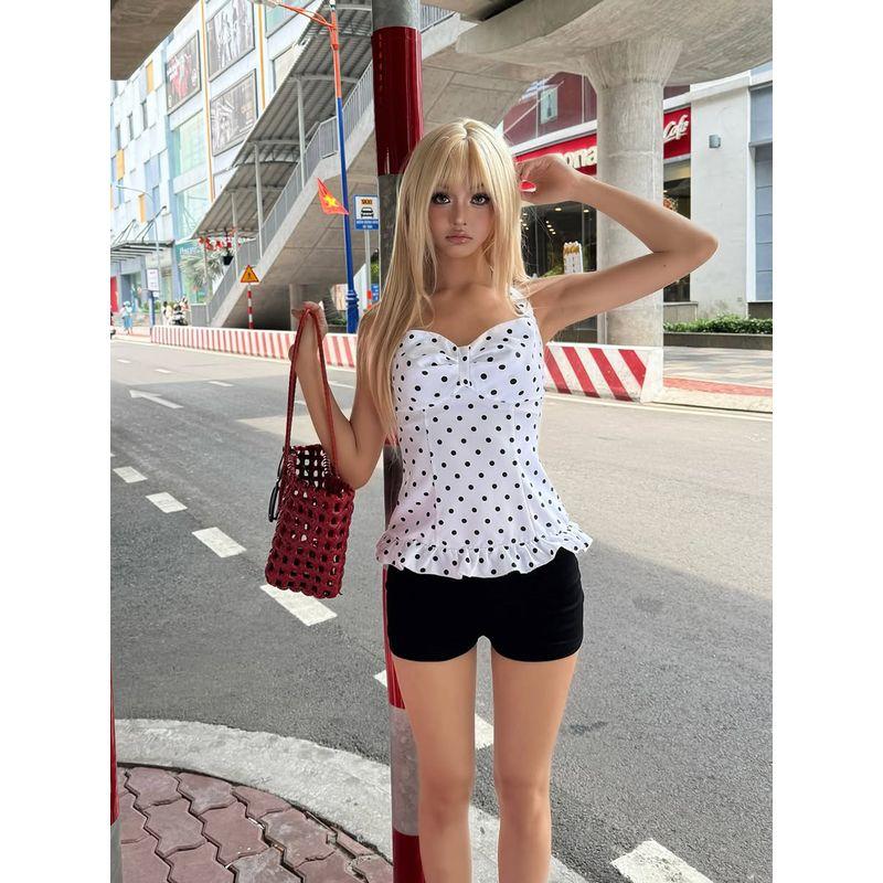 Kkx Sexy Street Gyaru Style Simple Sweet and Spicy Black and White Polka Dot Patchwork Wooden Ear Hanging Neck Tube Top Vest