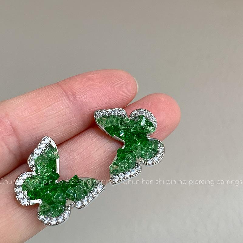 Green Gradual Change Crystal Butterfly No Ear Piercings Ear Clips Small Fragrant Wind Sweet Temperament Earrings Mosquito Coil Disc Butterfly Earrings