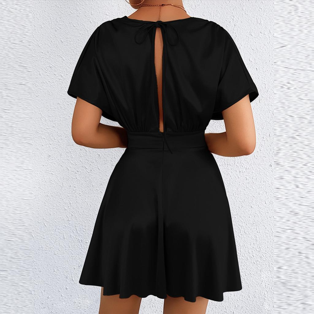 Women’s Fashionable Casual V Neck Dress with Short Sleeve Loose Fit and Waistband Design for Elegant Everyday Wear