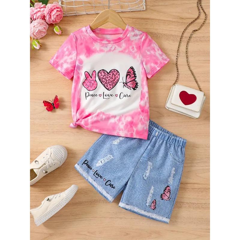 Girls Summer Cartoon Print Suit Without Pockets Fake Denim Shorts T-shirt Top Two-piece Set