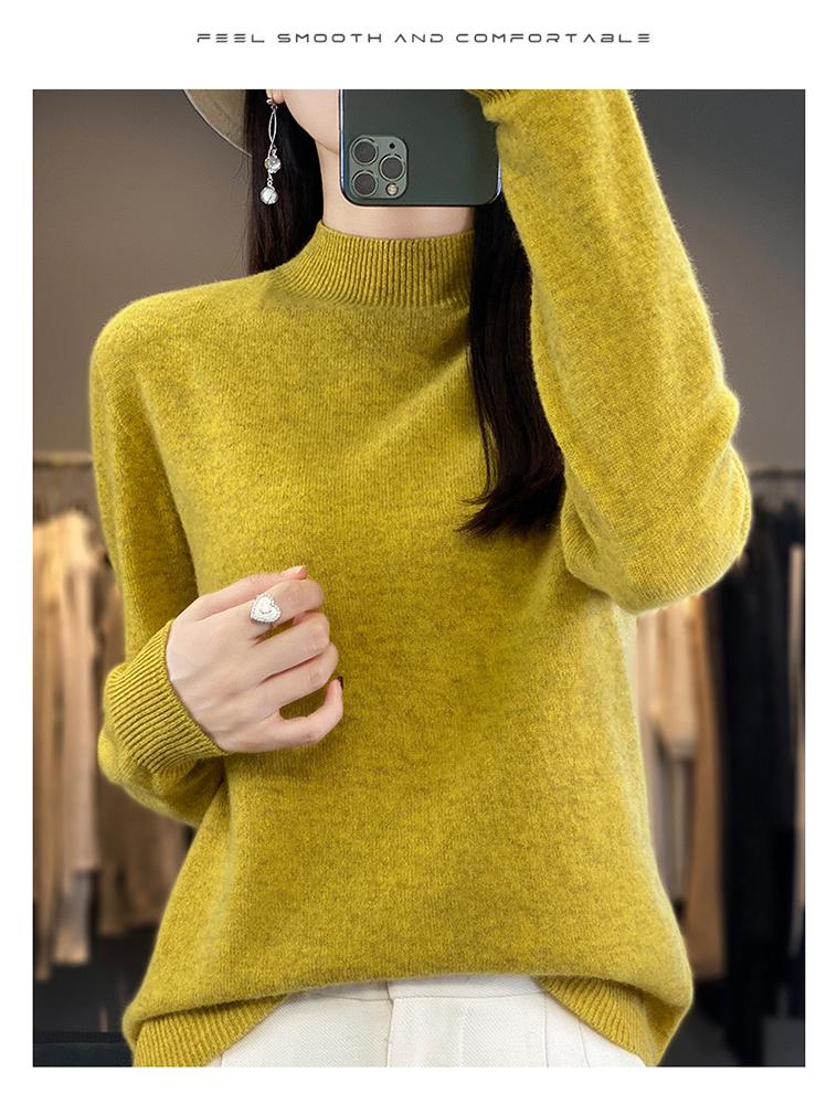 Women's 100% Wool Long-Sleeve Half-High Neck Sweater - Loose Fit, Ideal for Autumn/Winter