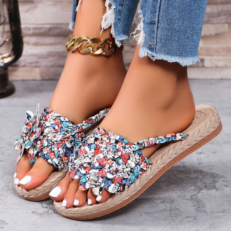 Large size flower toe women's cool slippers summer new hollow woven beach slippers