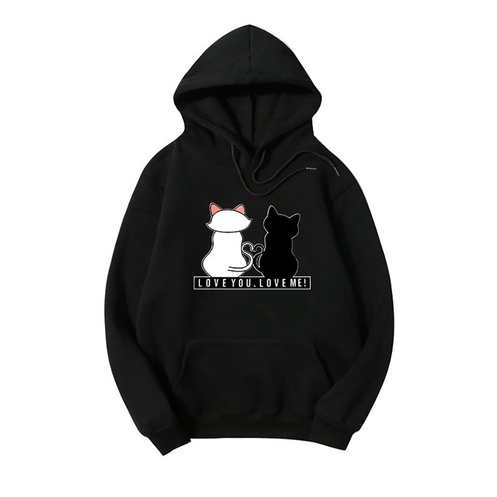 Womens Long Sleeve Cat Print Hoodies Drawstring Pullover Pocket Sweatshirts