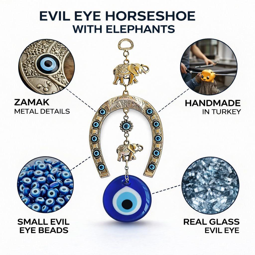 Ornamento Suspenso de Cavalo Turco de Prata Azul Olho Grego com Elefante para Entrada de Casa