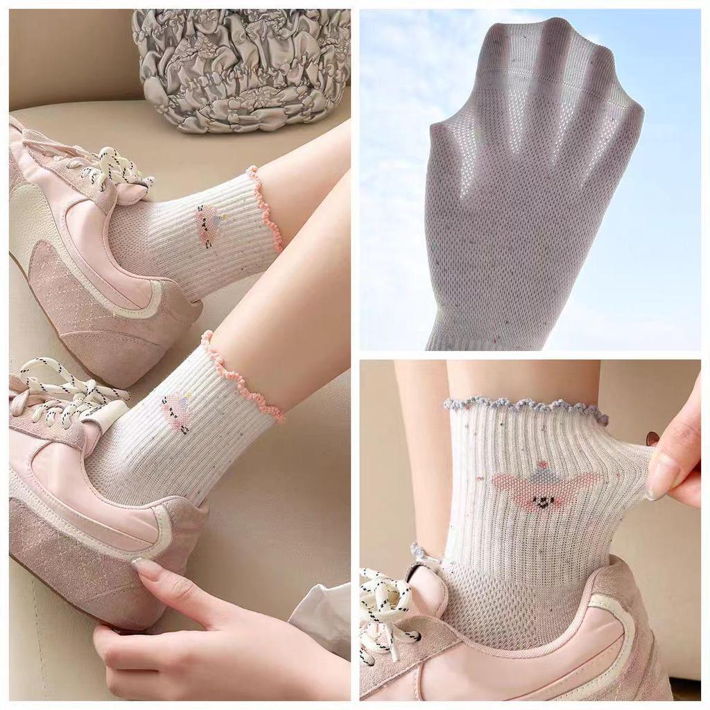 Polka Dot Panda Embroidery Cotton Mid-Calf Socks - Cute Japanese Style for Spring and Autumn