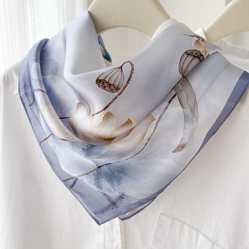 Women S 100 Silk Square Scarf Summer Lotus Pattern Commuting Neckerchief Gift For Mom