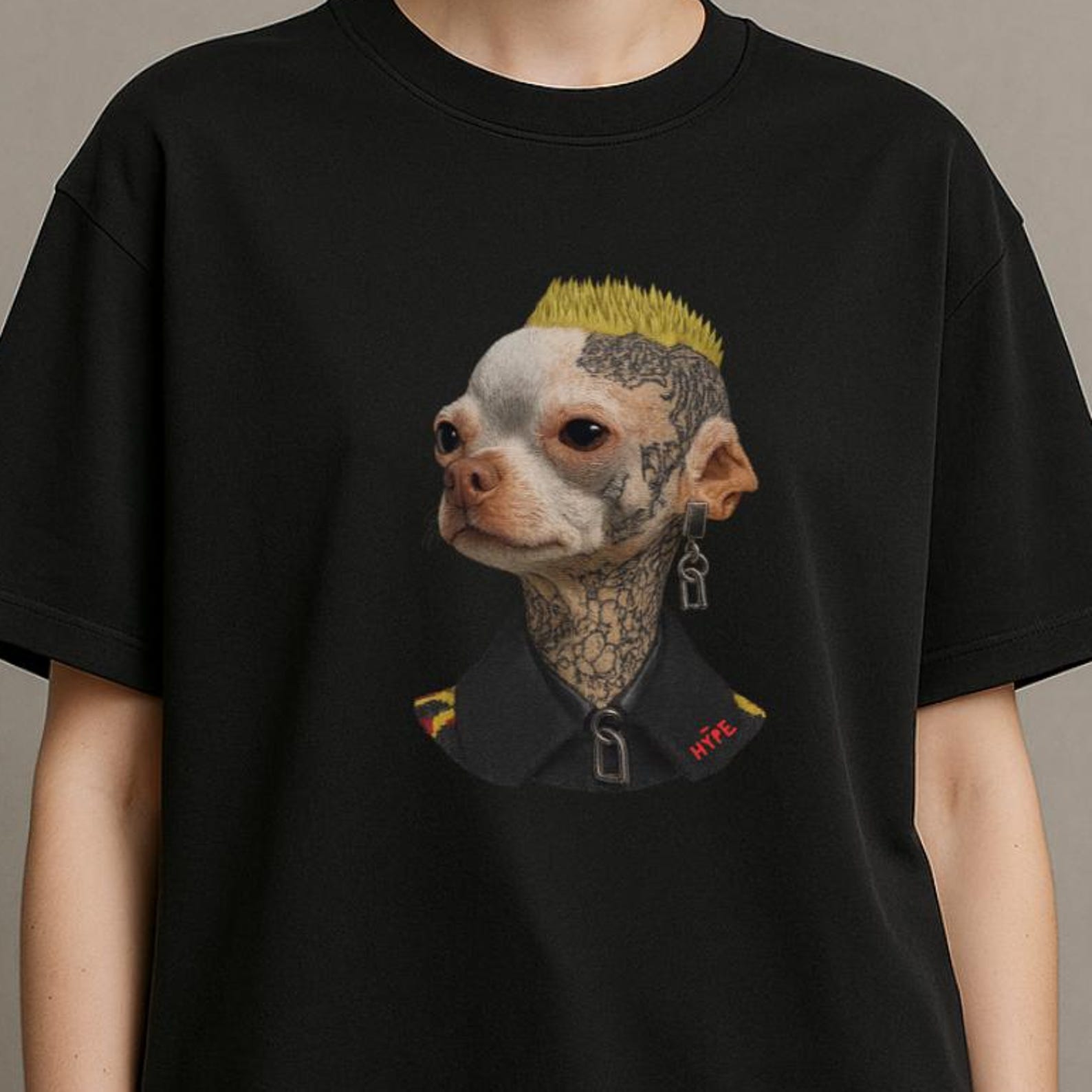 Punk Chihuahua T-Shirt: Tattoo Dog Mohawk, Goth Streetwear S