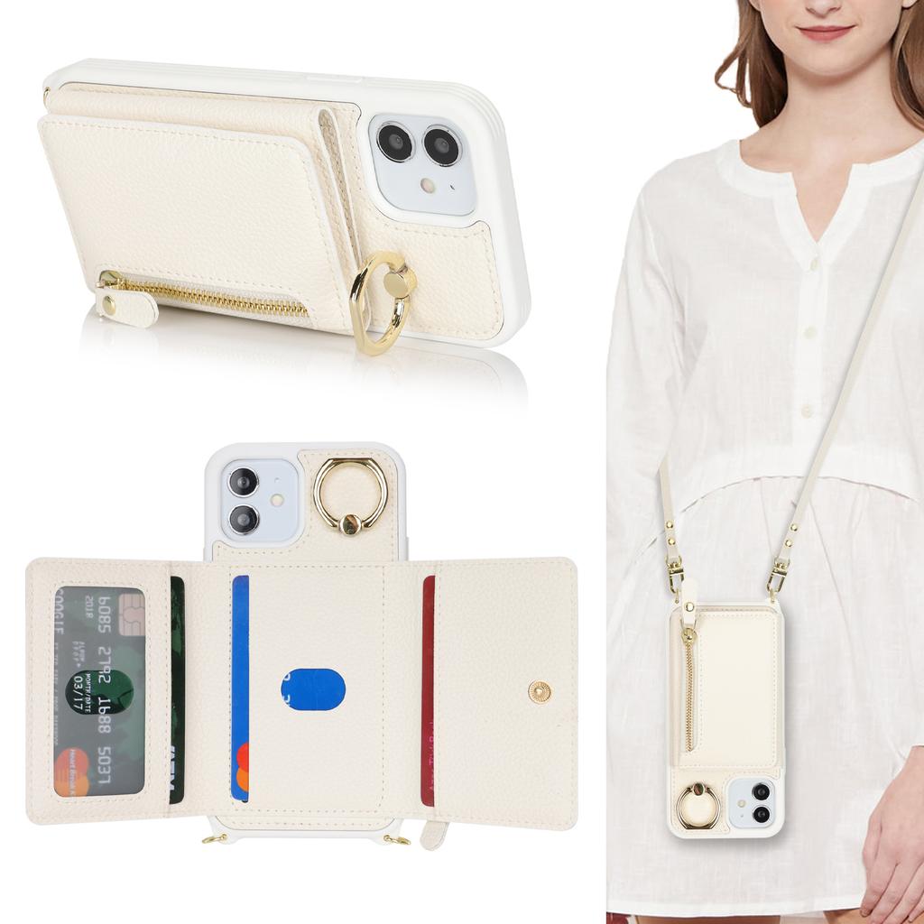 For iPhone 12/12 Pro Case Card Bag Ring Holder Litchi Texture Leather+TPU Phone Cover with Long Strap