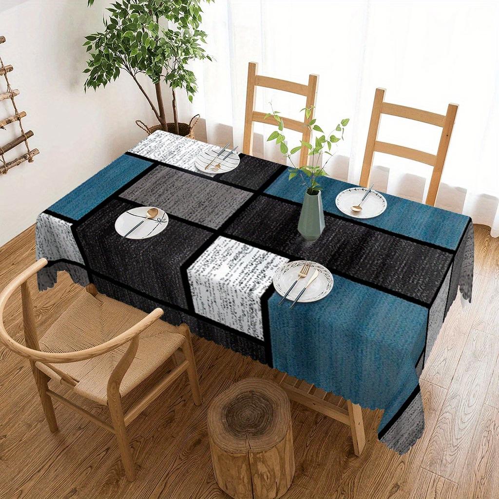 1pc Modern Blue-Grey Geometric Square Pattern Rectangular Tablecloth - Washable Tablecloth