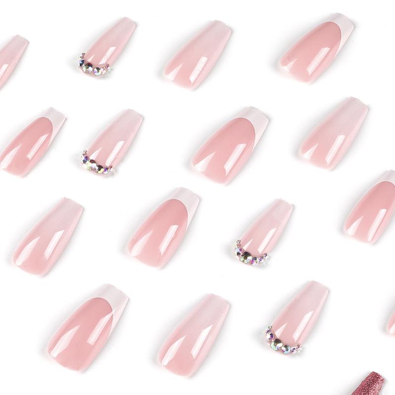 Nail Patch White French Rhinestone Pink Glitter Wearing Nail Nail Nail Wearing Nail Sticker Nails