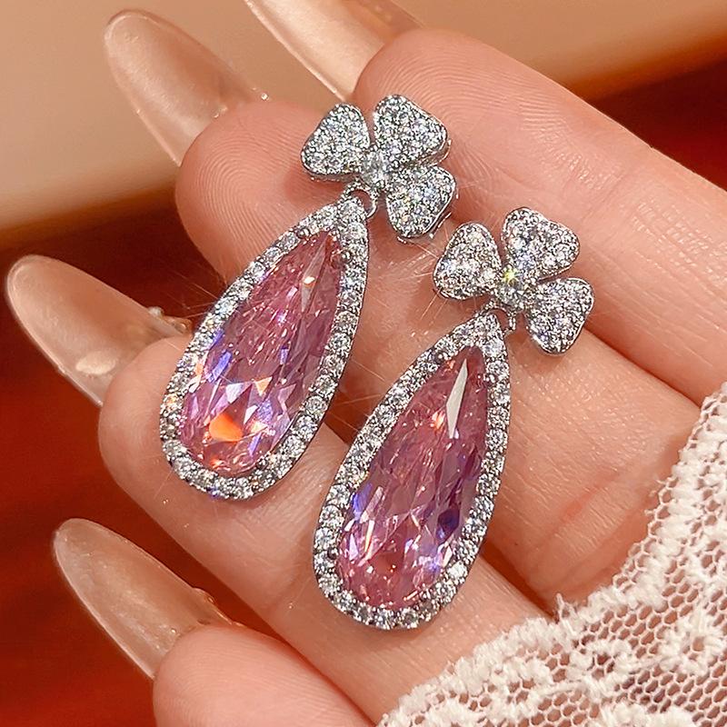 Accessories Set Earrings Necklace Pink Zirconium Paraiba Emerald Droplet Female Light Luxury
