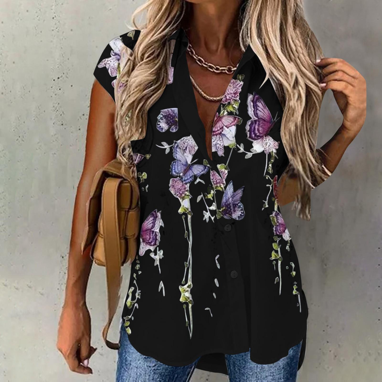 Women s Fashion Summer Casual Lapel Loose Short Sleeve Printed Shirt Top L чёрный