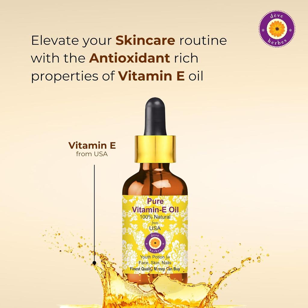 Deve Herbes Pure Vitamin E Oil 100% Natural Therapeutic Grade Steam Distilled for Aromatherapy & Wellness