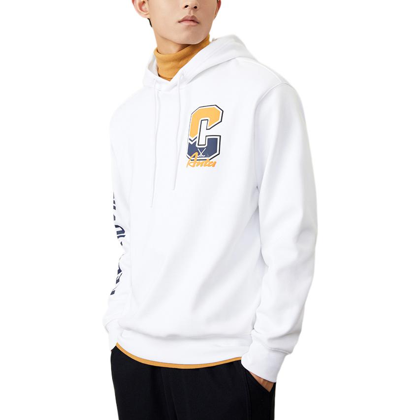Anta Lifestyle Series Logo Print Hooded Pullover Fleece Long Sleeve Sweatshirt Men sweatshirt Snow-White 152248701-1