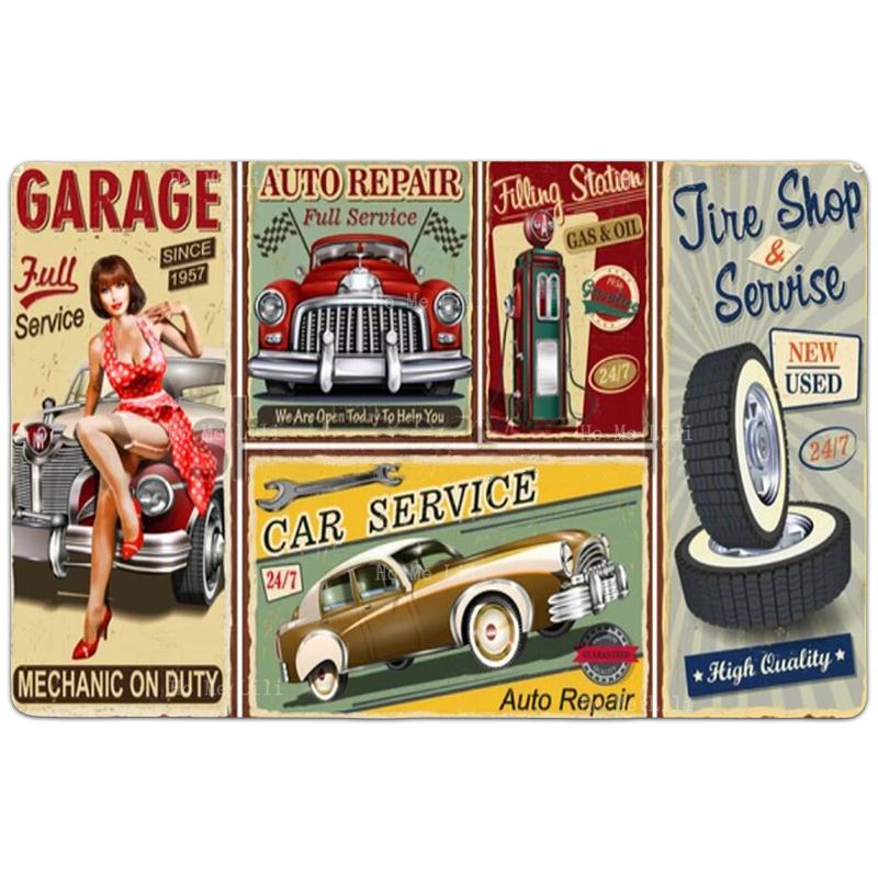 Vintage Auto Metallschilder Garage Hot Rod Tankstelle Mit Roter Limousine Retro Teppich Von Ho Me Lili Für Haus Boden Dekor Teppich
