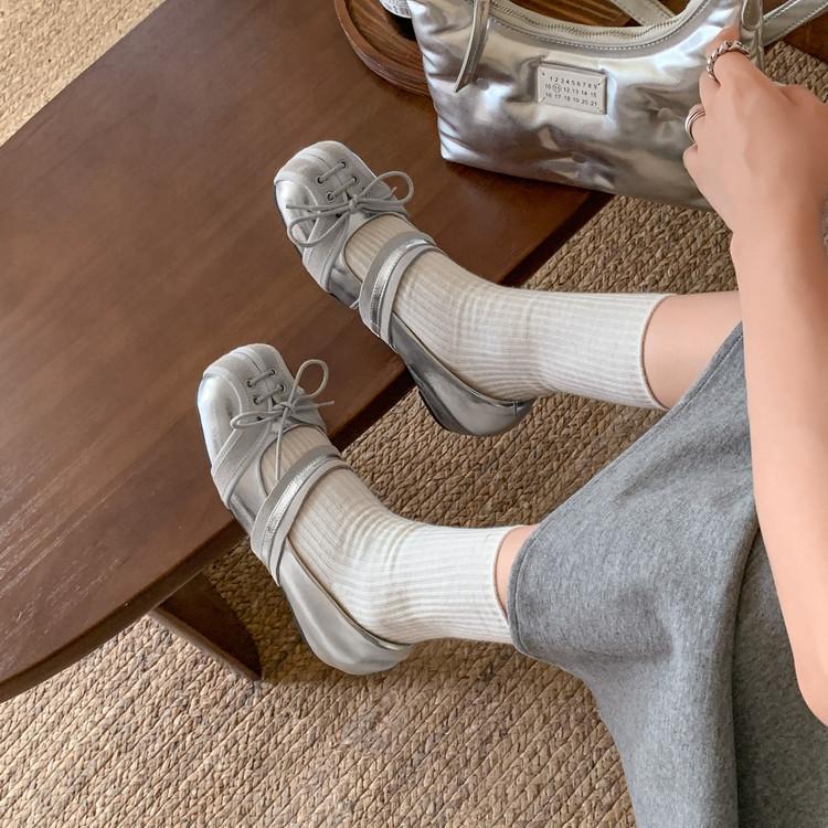 2025 new niche ballet shoes French bow lace-up Mary Jane square head inner height-increasing single shoes women