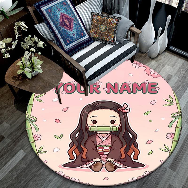 Custom Name,Nezuko Kamado pattern round rug,Carpet Rug for Living Room Bedroom Playroom ,Non-slip Floor Mat,Holiday Gifts and Birthday Gifts.