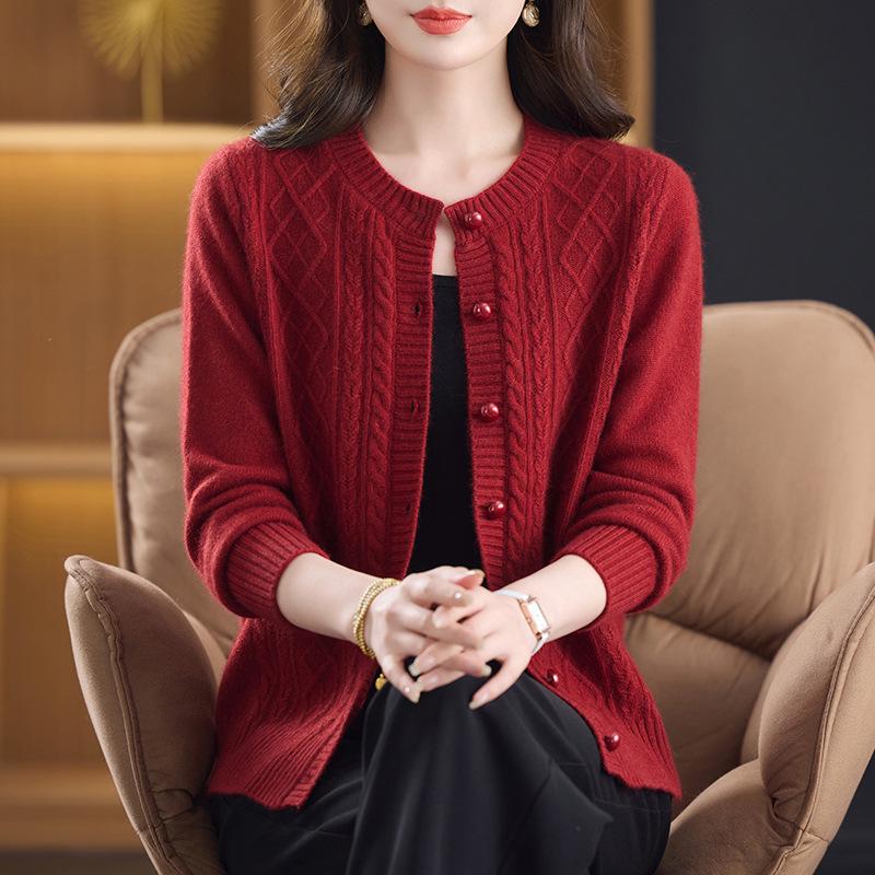 Women's Warm 100% Pure Wool Cardigan: Autumn/Winter Thick Knit Round Neck Sweater for Middle-aged & Elderly Moms