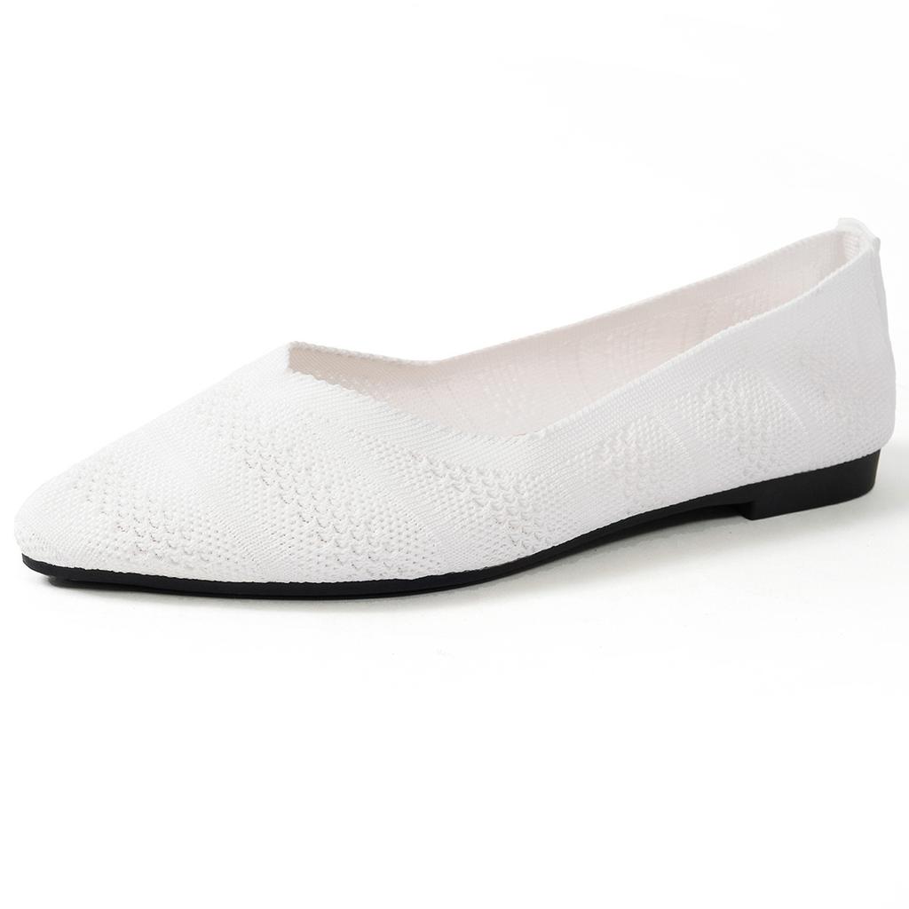 New fly-woven pointed shallow mouth flat-soled single shoes women's 2025 foreign trade large size knitted breathable four-season Doudou shoes