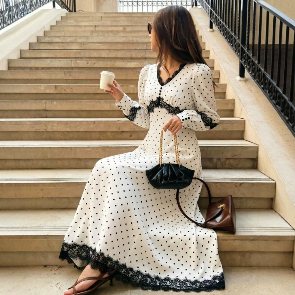 Europe and America 2026 new French retro style long dress polka dot lace splicing deep V-neck long-sleeved dress