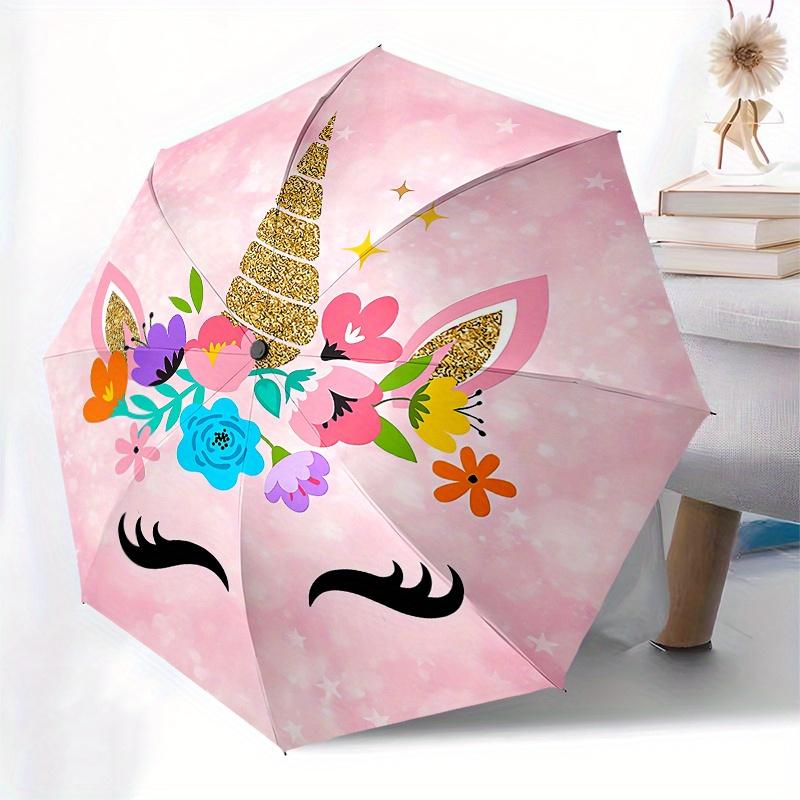 Unicorn Flowers Automatic Folding Umbrella  Simple 8 Rib Design, Bright Cartoon Pattern, Durable Iron Frame, Suitable For Travel, Outdoor, B