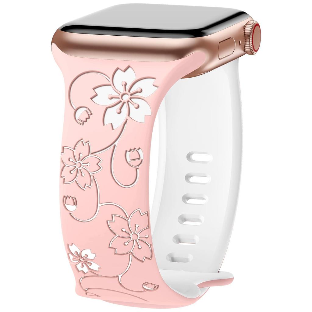 Compatible with Apple Watch: Laser Engraved Two-Color Floral Butterfly Silicone Strap with 3D Design