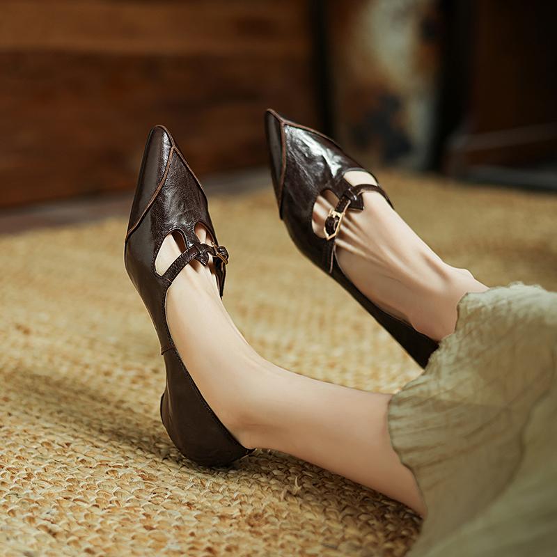 Fashion 2025 Spring Women Pumps Genuine Leather Women Shoes Pointed Toe Black Buckle Strap Mary Janes Shoes Ladies Shoes