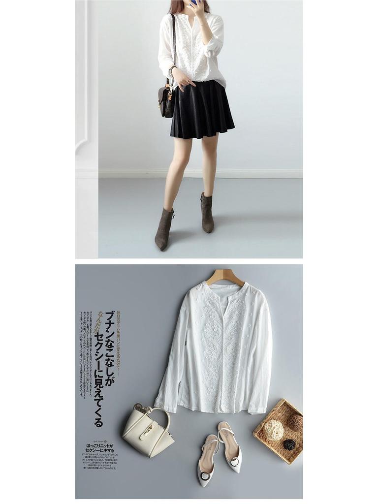 2026 Women's White V-Neck Embroidery Jacquard Lace Puff Sleeve Shirt