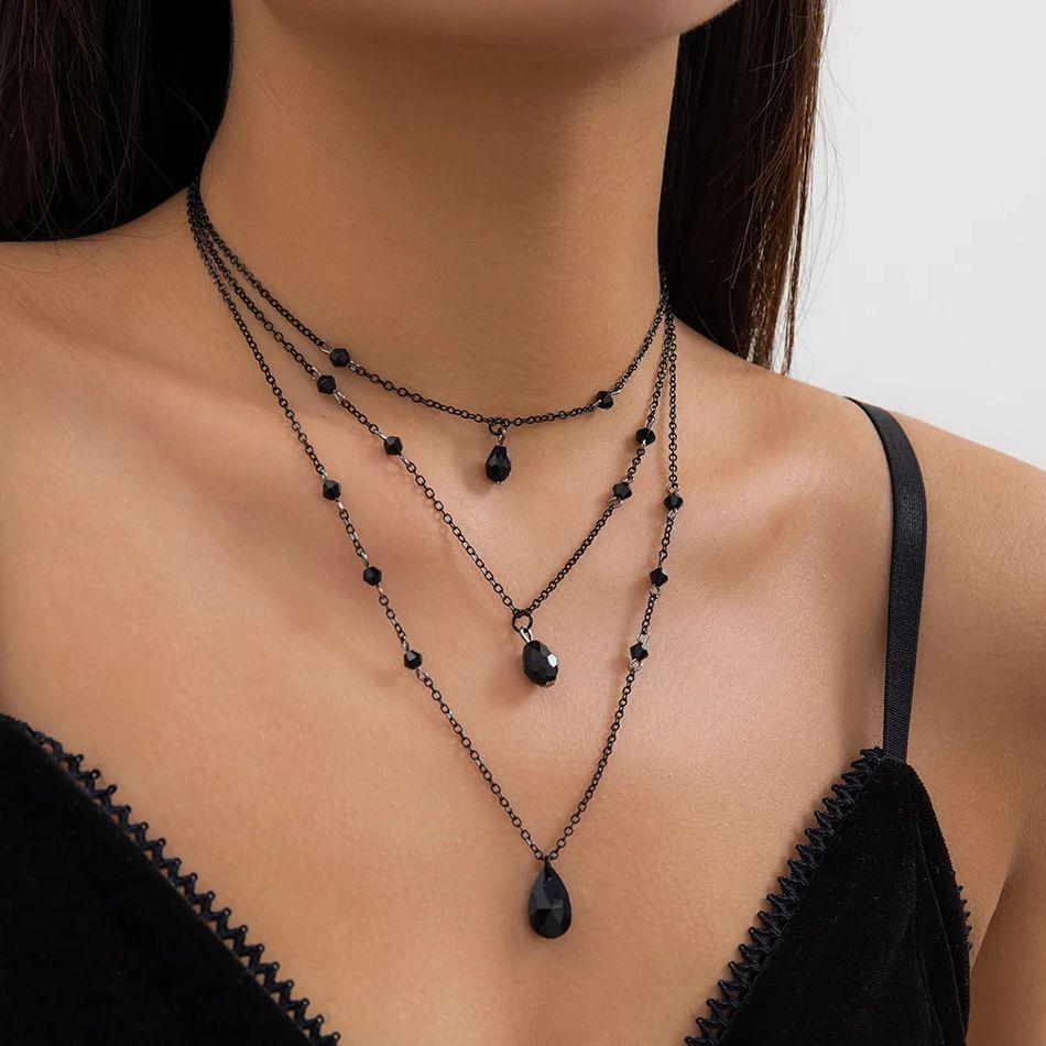 

Ingemark 3Pc/Set Elegant Irregular Black Crystal Pendant Necklace Women Vintage Adjustable Thin Clavicle Chain New Jewelry Gift чорний