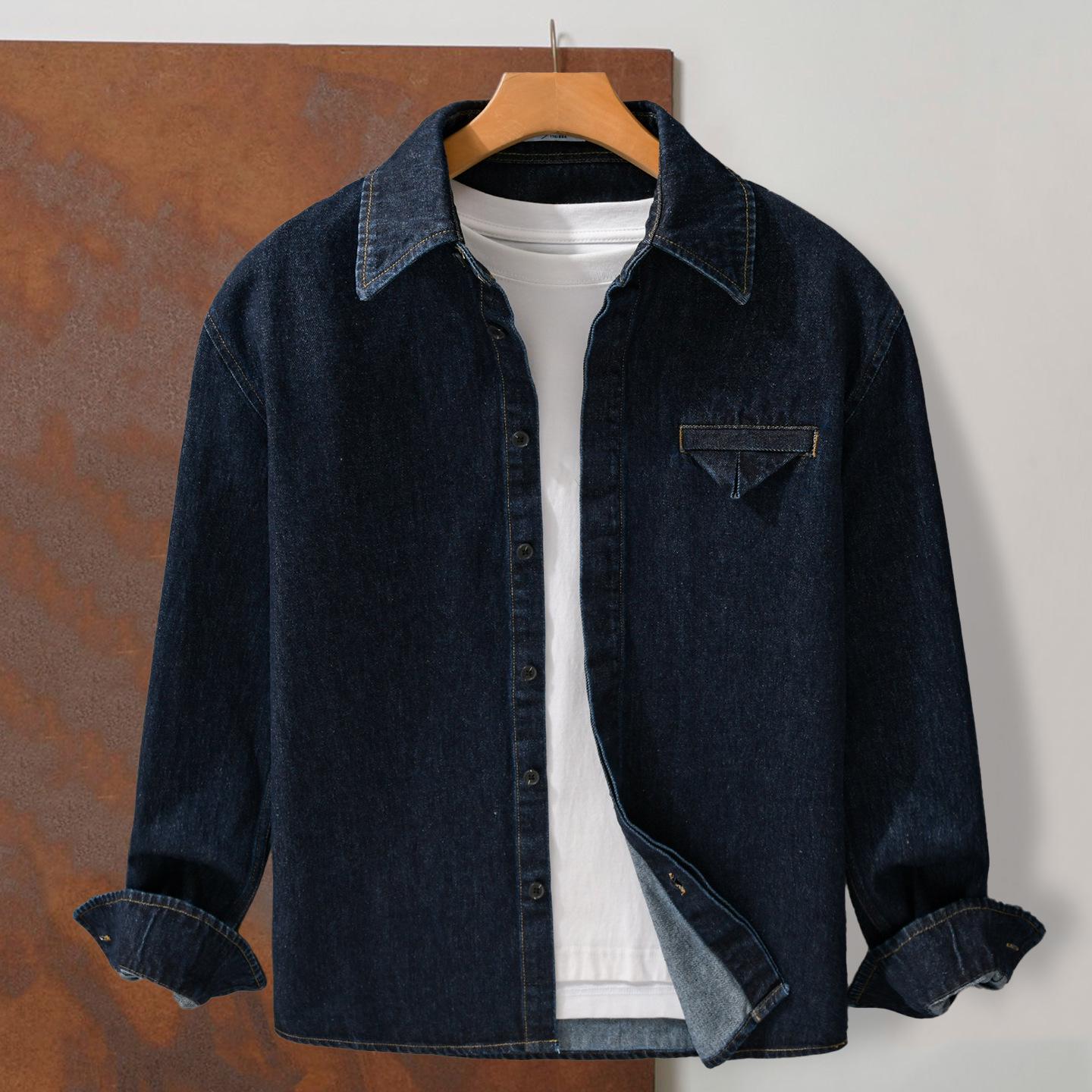 

Men s Heavyweight Washed Denim Shirt - Japanese Retro Loose Fit Layering Jacket with Literary Style Long Sleeves 3X Large темно-синього кольору