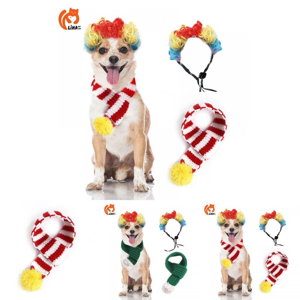Festive Knitted Christmas Scarf For Pets Featuring Colorful Cartoonish Wig Design For Dogs
