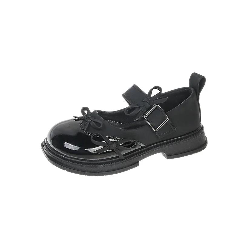 Girls Leather Shoes Black Sweet Bows Kids Performance Shoes Non-slip 2025 New Fashion Children MaryJanes Dance Shoes Hook&loop