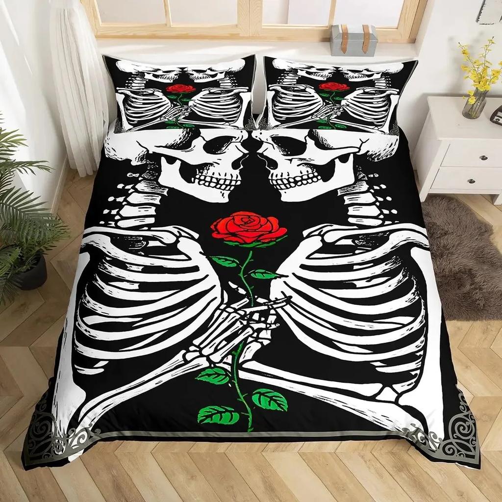Sugar Skull Lover Duvet Cover King Kissing Couple Skeleton Bedding Set Red Rose Comforter Cover Death And Love Theme Quilt Cover