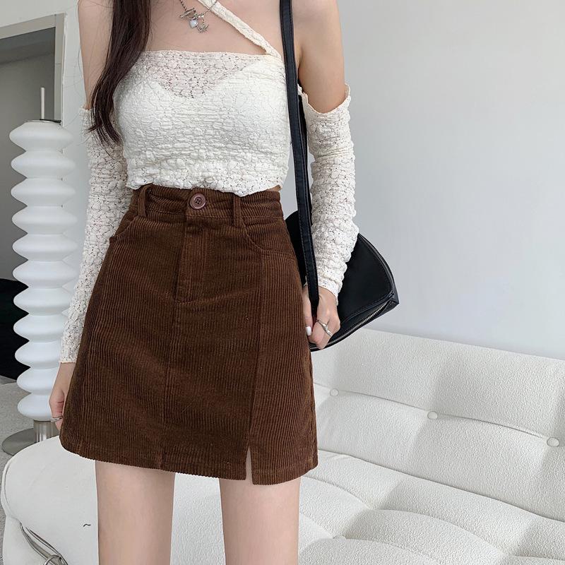 Women's Corduroy High-Waist A-line Skirt, Petite, Coffee, Plus Size, Hip-Hugging, Autumn/Winter 2026.