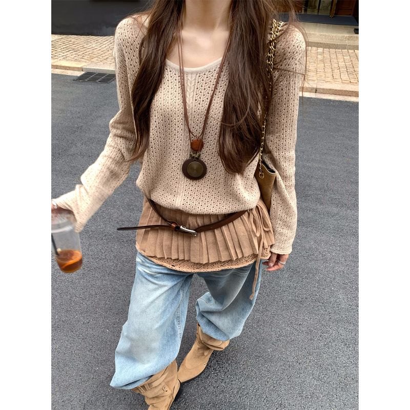 Kumikumi Fashion Suit Loose Long Sleeves Knitwear Women's Autumn High Waist Slimming Skirt Short Skirt Two-piece Set