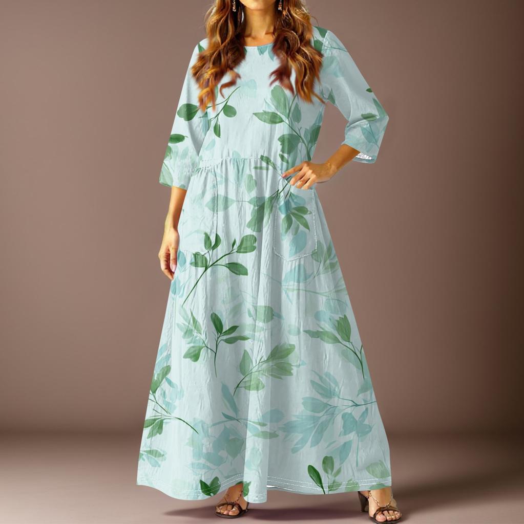 Damen Casual Mode Floral Dreiviertelarm Langes Kleid mit Taschen