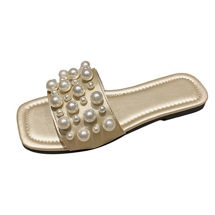Large size pearl flat bottom sandals women's summer new square head casual wear one-word slippers